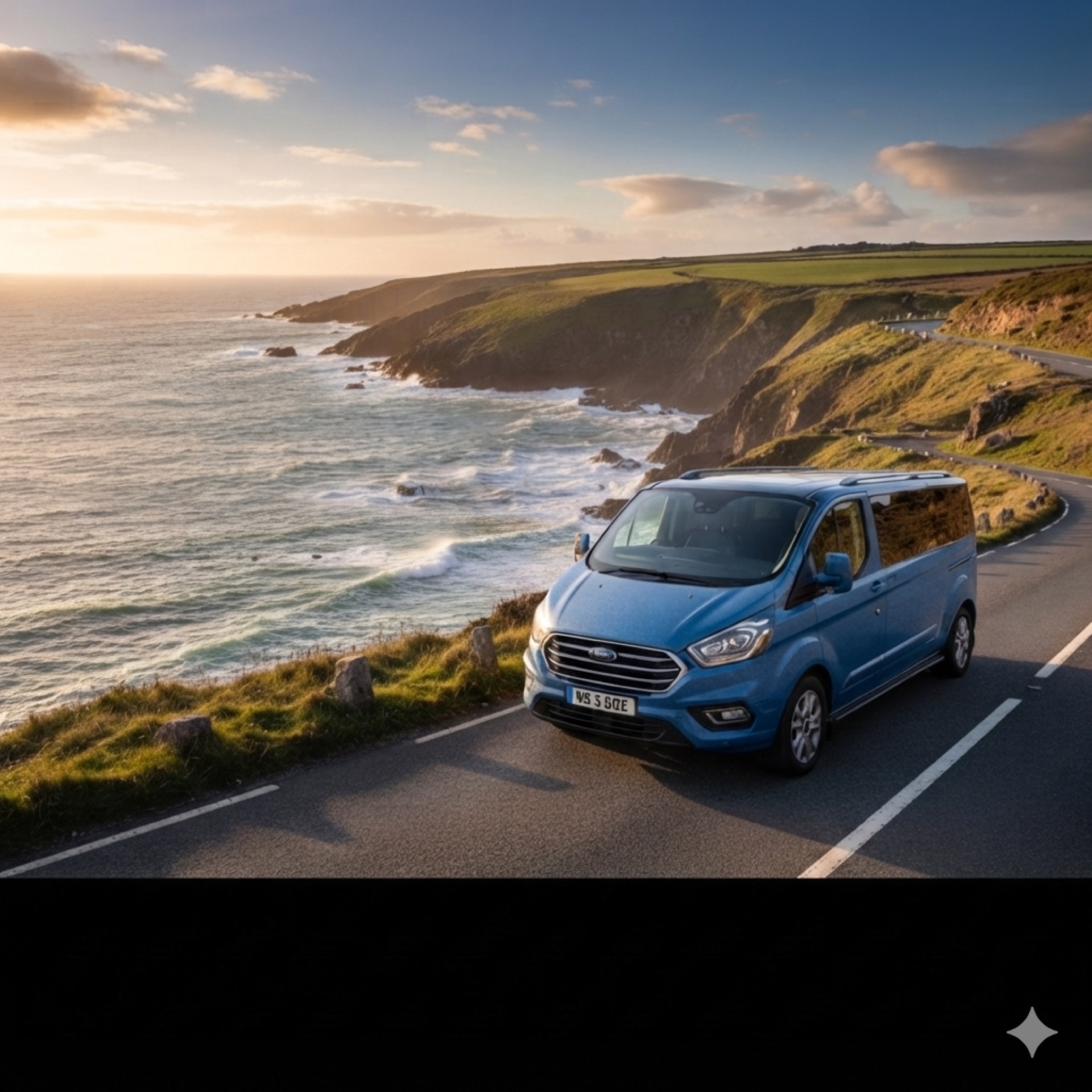 Black luxury Ford Tourneo limousine on the Wild Atlantic Way coastal road in West Cork, Ireland